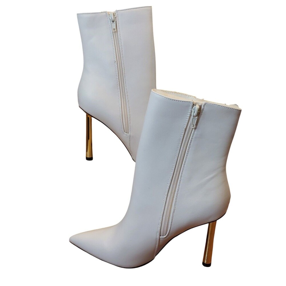 Rorie White Stiletto Ankle Boots 9 M Side Zip Faux Leather Gold Heels City Sleek